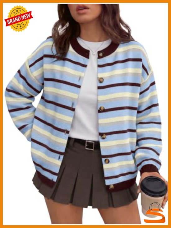 Sweaters - Striped Button Front Cardigan Sweater Cotton Blend Long Sleeve